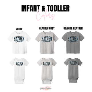 Hayden Wildcats distressed stacked infant and toddler tee and bodysuit in white, heather grey, and granite heather