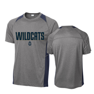 Hayden Wildcats Fan Staple Colorblock Contender Tee front and back Topeka Kansas - Heather Grey Navy
