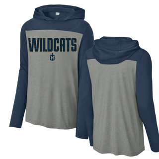 Hayden Wildcats Fan Staple Long Sleeve Hoodie front and back Topeka Kansas - Heather Grey Navy
