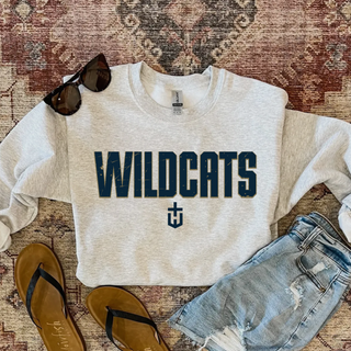 Hayden Wildcats Fan Staple Top Topeka Kansas - Sport Grey Gildan crewneck lifestyle flat lay
