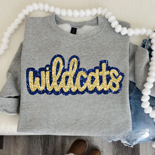 Grey Hayden Wildcats faux glitter crewneck sweatshirt with navy and gold script design Topeka Kansas
