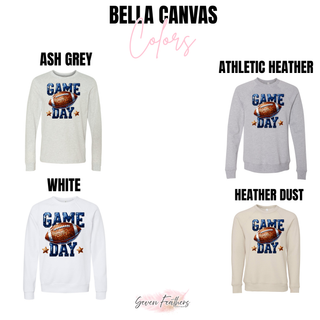 Faux sequin GAME DAY football graphic shown on Bella Canvas garments in Ash Grey, Athletic Heather, White, and Heather Dust