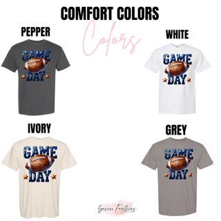 Faux sequin GAME DAY football graphic shown on Comfort Colors tees in Pepper, White, Ivory, and Grey