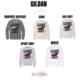 Faux sequin GAME DAY football graphic shown on Gildan garments in Graphite Heather, Sand, Ash Grey, Sport Grey, and White
