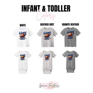 Faux sequin GAME DAY football graphic shown on infant and toddler tees and bodysuits in White, Heather Grey, and Granite Heather