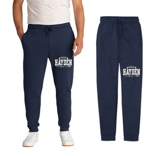 Man wearing navy Hayden Wildcats Football arch core fleece jogger with Respect All Fear None and wildcat mascot logo

