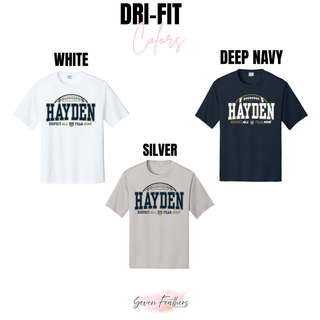 Hayden Wildcats Football arch dri-fit performance top colors in white, deep navy, and silver
