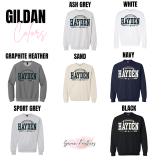 Hayden Wildcats Football arch Gildan crewneck colors in ash grey, white, graphite heather, sand, navy, sport grey, and black
