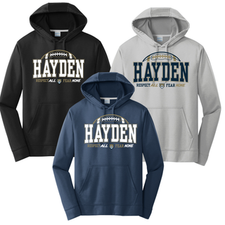 Hayden Wildcats Football arch performance hoodies in black, navy, and grey with Respect All Fear None and wildcat mascot logo
