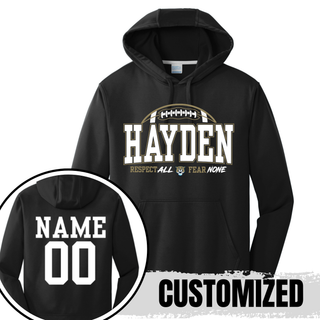 Hayden Wildcats Football arch performance hoodie in black with personalized name and number on back
