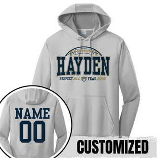 Hayden Wildcats Football arch performance hoodie in grey with personalized name and number on back
