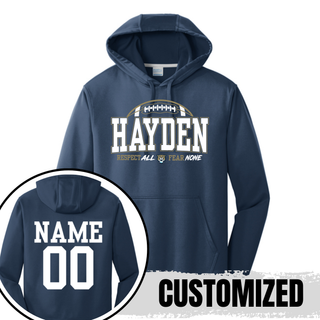 Hayden Wildcats Football arch performance hoodie in navy with personalized name and number on back
