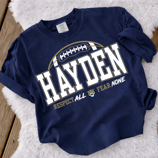Hayden Wildcats Football arch top in navy with Respect All Fear None and wildcat mascot logo folded on rug
