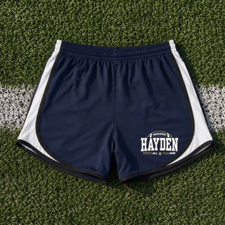 Hayden Wildcats Football arch womens cadence performance short in navy and white on turf with Respect All Fear None

