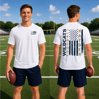 Hayden Wildcats Football Flag Dri-Fit Performance Top Topeka Kansas - White Performance Shirt Front and Back
