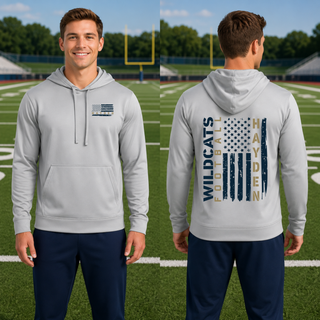 Hayden Wildcats Football Flag Performance Hoodie Topeka Kansas - Silver Performance Hoodie Front and Back
