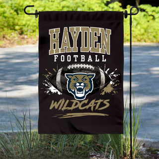 Hayden Wildcats football garden flag with wildcat logo and football graphic on black background for Topeka Hayden fans
