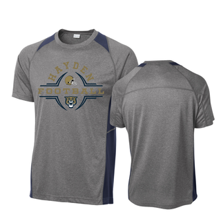 Hayden Wildcats Football Helmet Crest Colorblock Contender Tee - Grey heather navy Sport-Tek front and back
