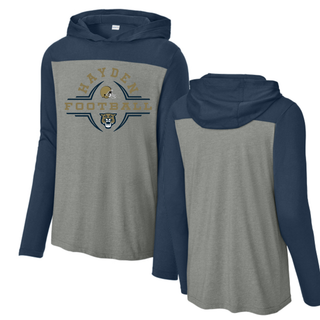 Hayden Wildcats Football Helmet Crest Halftime Long Sleeve Hoodie - Grey heather navy Sport-Tek front and back
