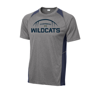 Grey and navy Hayden Wildcats football kickoff colorblock contender tee with bold wildcats text and football laces arc design on front
