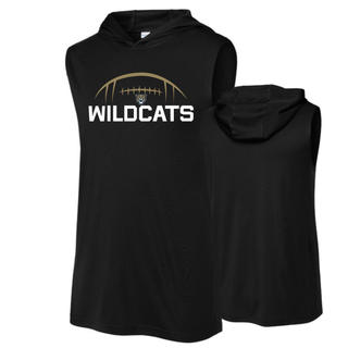 Front and back view of black Hayden Wildcats football kickoff competitor sleeveless hoodie with gold football laces arc, wildcat mascot, and wildcats text
