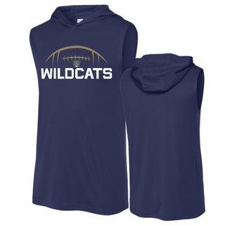 Front and back view of navy Hayden Wildcats football kickoff competitor sleeveless hoodie with gold football laces arc and bold wildcats text
