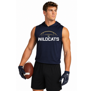 Navy Hayden Wildcats football kickoff competitor sleeveless hoodie worn by a male athlete holding a football, showing gold laces arc and wildcats text on front
