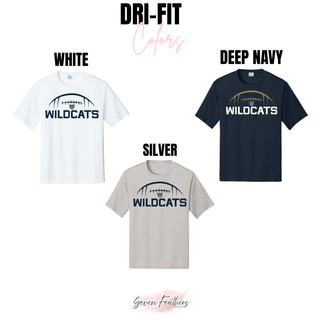 Dri-fit performance top color options for the Hayden Wildcats football kickoff design in white, deep navy, and silver
