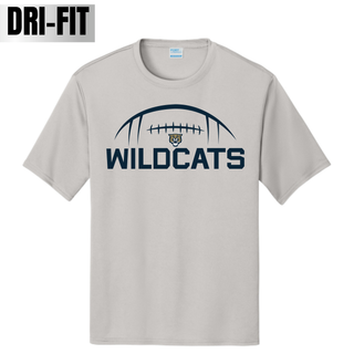Silver Hayden Wildcats football kickoff dri-fit performance top with navy football laces arc, wildcat mascot, and bold wildcats text on front
