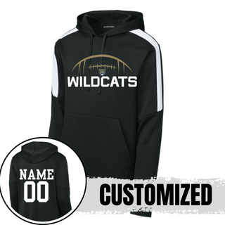 Black Hayden Wildcats football kickoff fan favorite hoodie with white colorblock stripe sleeve detail and custom name and number on back
