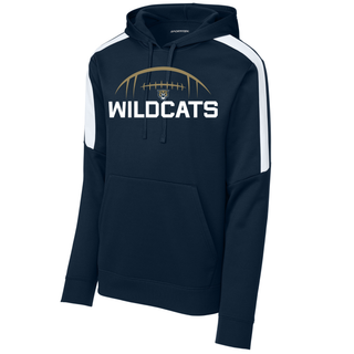 Navy Hayden Wildcats football kickoff fan favorite hoodie with gold football laces arc, wildcat mascot, white wildcats text, and white colorblock stripe sleeve
