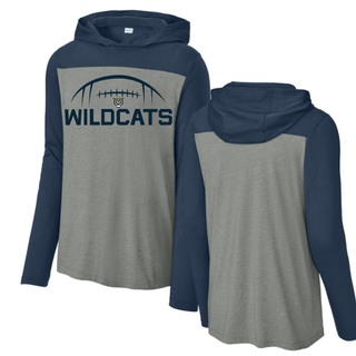 Front and back view of grey and navy Hayden Wildcats football kickoff long sleeve hoodie showing colorblock raglan sleeve detail and clean back panel
