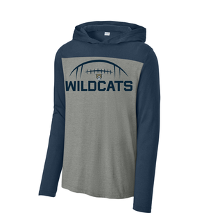 Grey and navy Hayden Wildcats football kickoff long sleeve hoodie with football laces arc, wildcat mascot, and bold wildcats text on front
