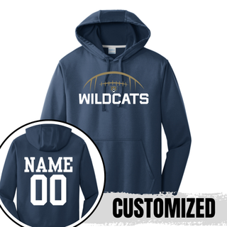 Navy Hayden Wildcats football kickoff performance hoodie with front wildcats design and personalized name and number on back

