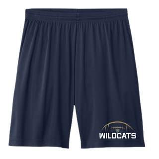 Navy Hayden Wildcats football kickoff performance shorts with gold football laces arc, wildcat mascot, and bold wildcats text on left leg
