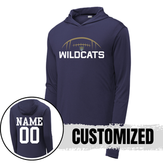 Navy Hayden Wildcats football kickoff PosiCharge Competitor Hoodie with gold football laces arc and personalized name and number on back
