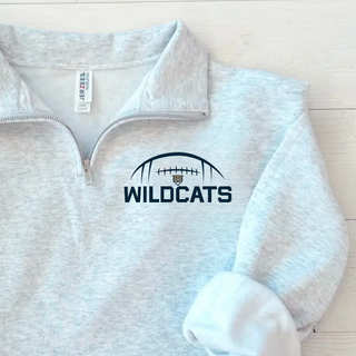 Ash grey Hayden Wildcats football kickoff quarter zip pullover with navy football laces arc, wildcat mascot, and wildcats text on left chest
