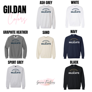 Gildan crewneck color options for the Hayden Wildcats football kickoff top in ash grey, white, graphite heather, sand, navy, sport grey, and black
