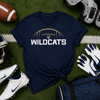 Navy Hayden Wildcats football kickoff top with gold football laces arc, wildcat mascot, and bold wildcats text on front
