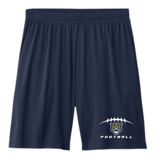 Navy Hayden Wildcats Football Laces cooling performance shorts flat lay with football laces and wildcat logo design
