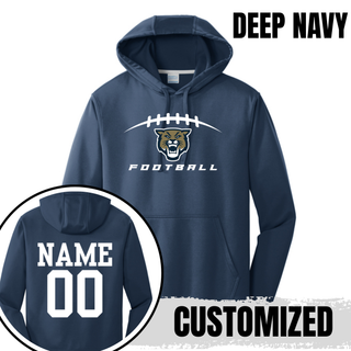 Deep navy Hayden Wildcats Football Laces customized performance hoodie with name and number on back
