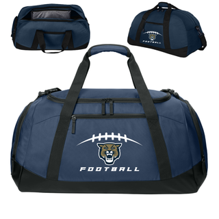 Navy Hayden Wildcats football laces duffle bag interior and side pocket detail views
