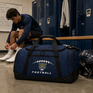 Navy Hayden Wildcats football laces duffle bag in locker room with helmet Topeka Kansas
