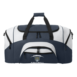 Navy and white Hayden Wildcats football laces sport duffle bag with wildcat mascot design
