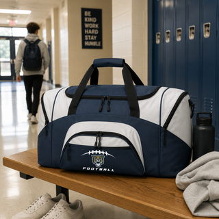 Navy and white Hayden Wildcats football laces sport duffle bag on bench in school hallway Topeka Kansas
