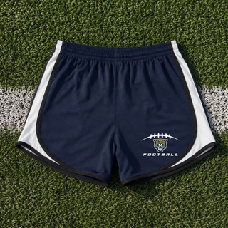 Navy Hayden Wildcats Football Laces women's cadence performance shorts flat lay with football laces and wildcat logo design
