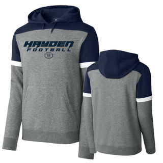 Heather gray and navy Hayden Wildcats Football Speed fleece colorblock hoodie showing front and back views