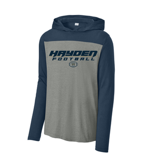 Heather gray and navy Hayden Wildcats Football Halftime long sleeve hoodie with Hayden Football logo on chest - front view