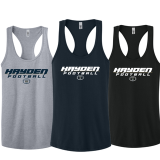 Grey, navy, and black Hayden Wildcats Football women's racerback tanks
