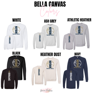 Bella+Canvas color options featuring the Hayden Wildcats Full Court basketball design on tees and crewneck sweatshirts.